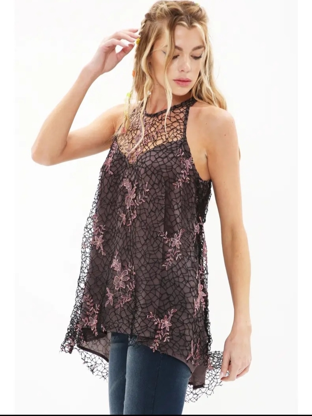 Monaco Aratta Black Lace Overlay Tank with Pink Embroidery